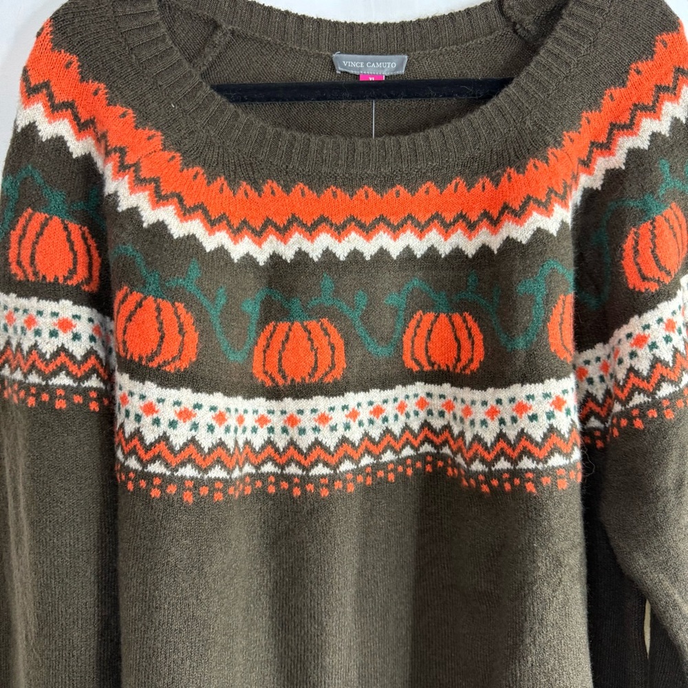 NWT Vince Camuto Brown Pumpkin Fall Fair Isle Crew Neck Sweater, size XL - Picture 4 of 8